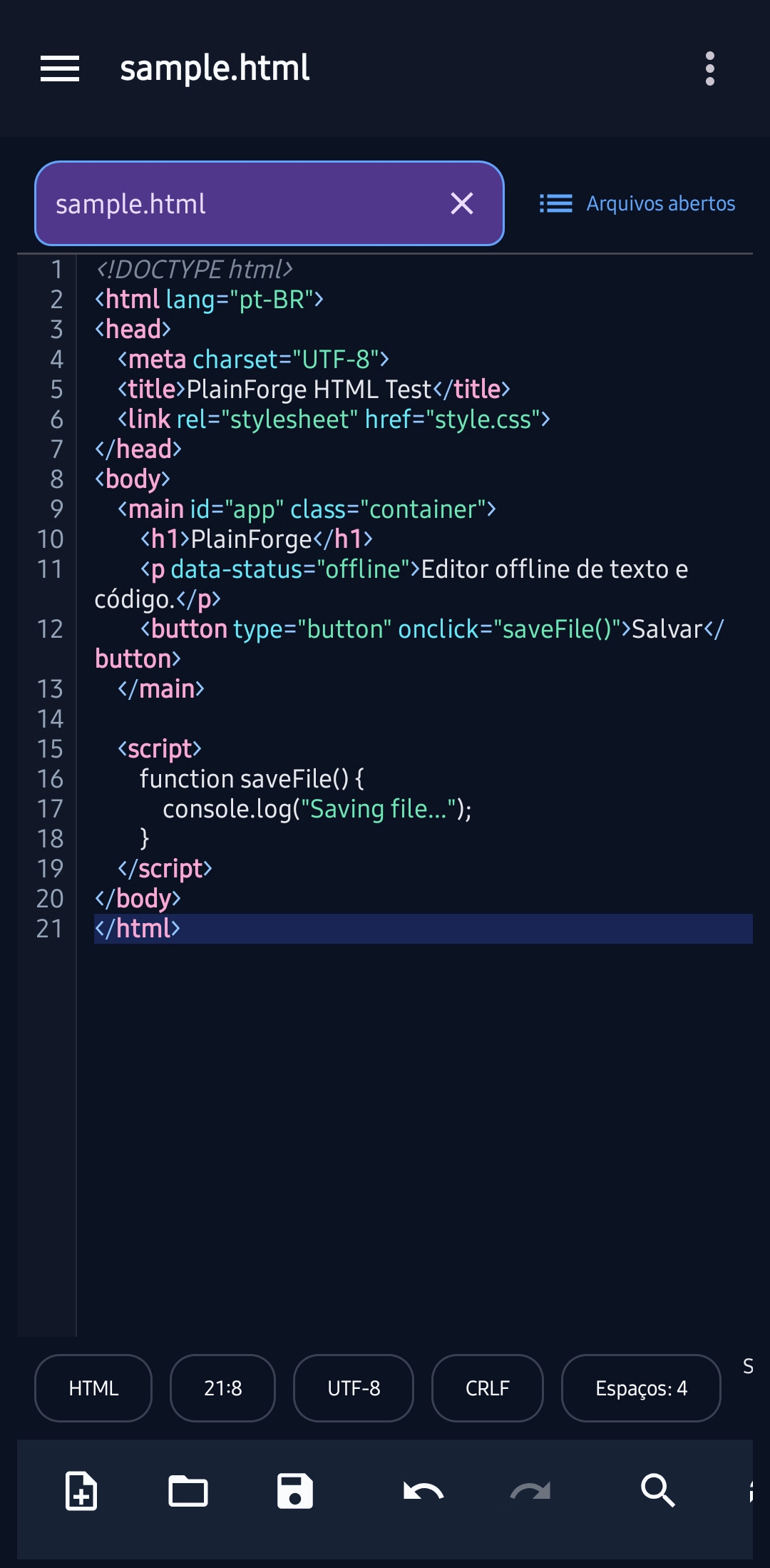 PlainForge editing screen showing an open file on Android
