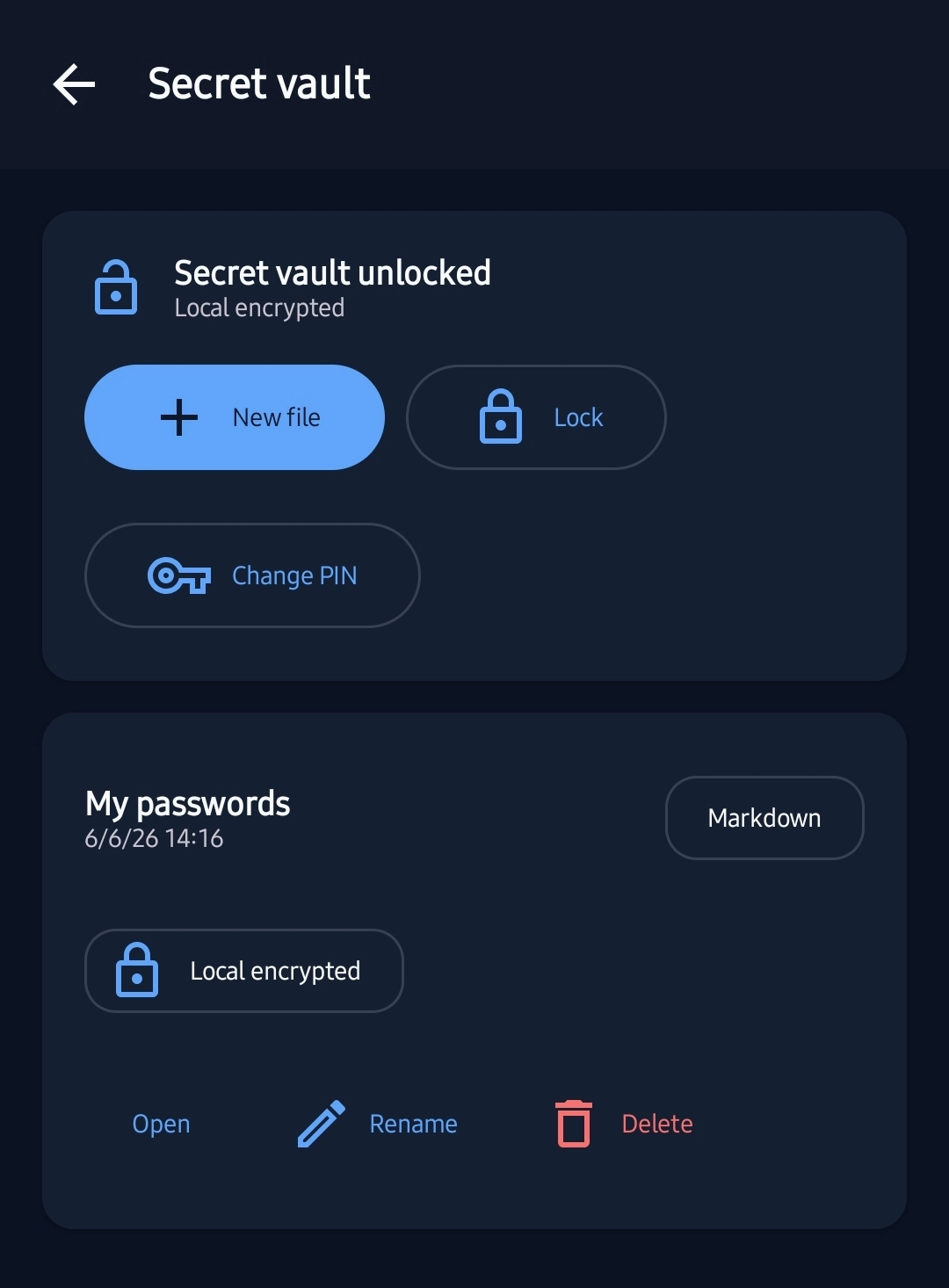 PlainForge local secret vault screen protected by PIN on Android